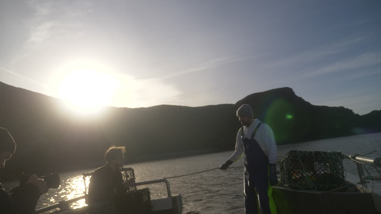 James Watt on the lobster boat at sunset