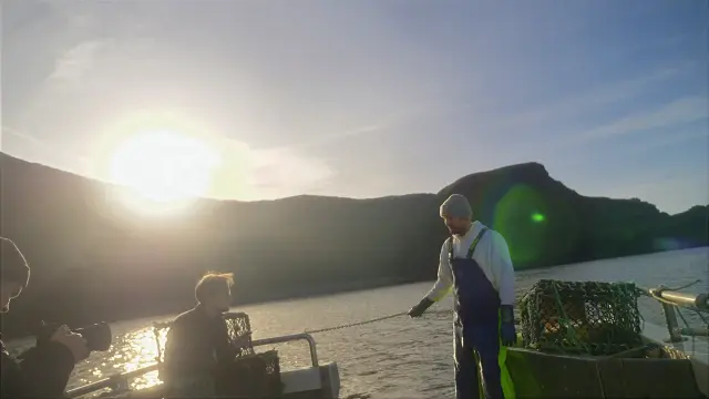 James Watt on the lobster boat at sunset