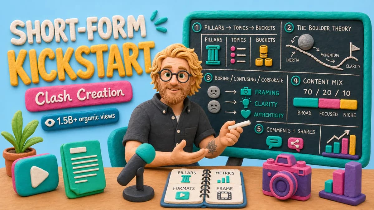Short-Form Kickstart course artwork with clay teacher, chalkboard, camera, microphone and course framework
