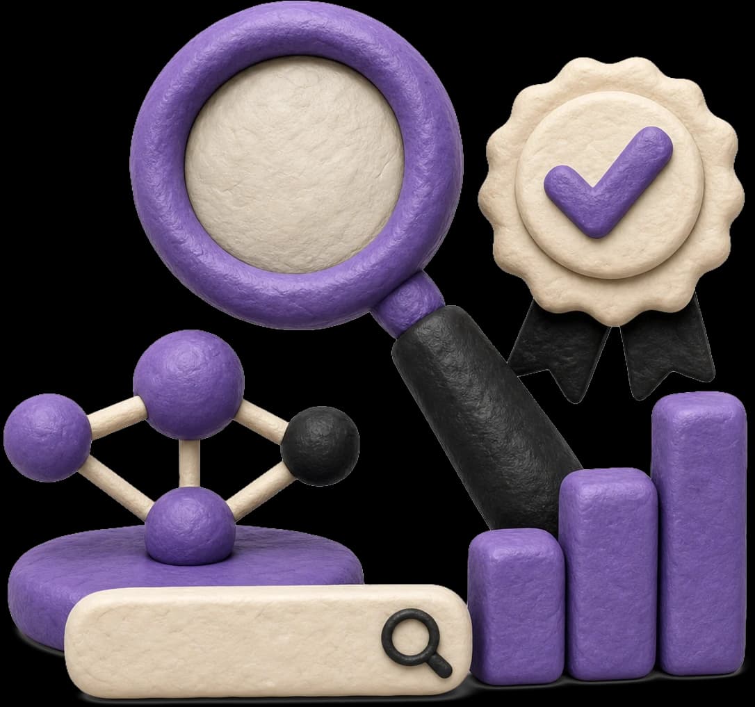 Clay scene: a purple magnifying glass, a verified-check rosette, a small molecular knowledge-graph icon and a rising bar chart, with a stylised search bar beneath — the recognition layer.