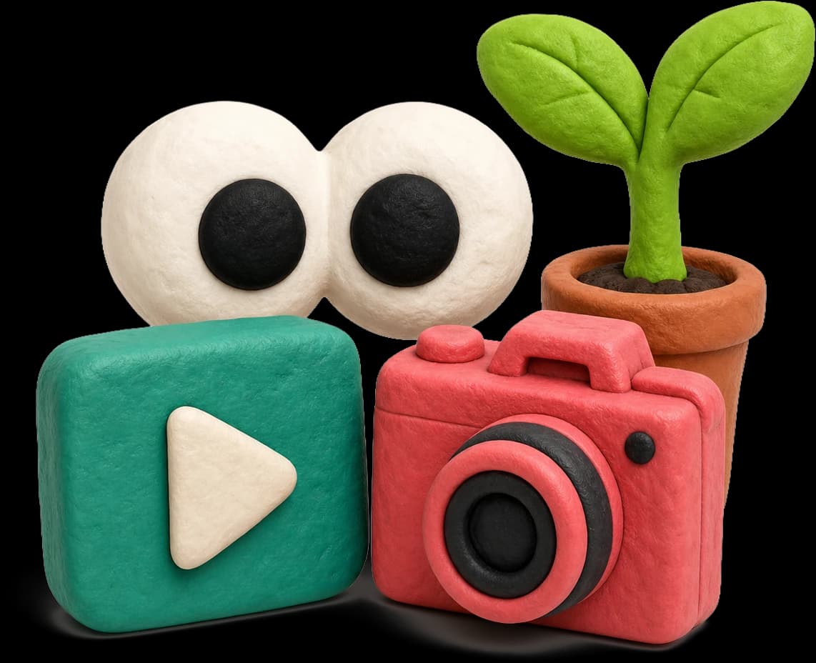 Clay scene: oversized eyes beside a green plant in a terracotta pot, a play-button block and a coral camera on a soft green base — the visible content engine.