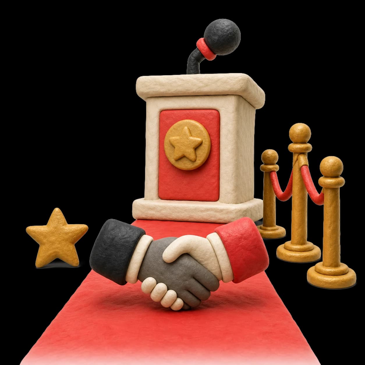 Clay scene: a wooden podium with a star and microphone above a red carpet, framed by golden velvet-rope stanchions, with a handshake and a gold star in the foreground — the commercial demand layer.