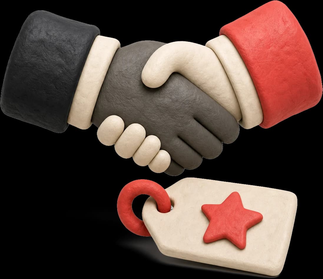 Clay scene: handshake with branded price tag
