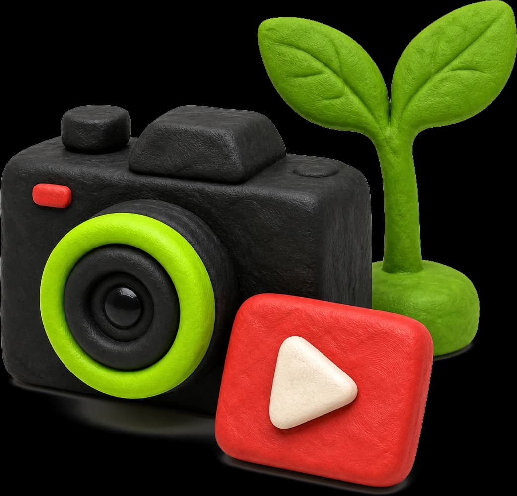 Clay scene: camera, plant, play button — the publishing engine
