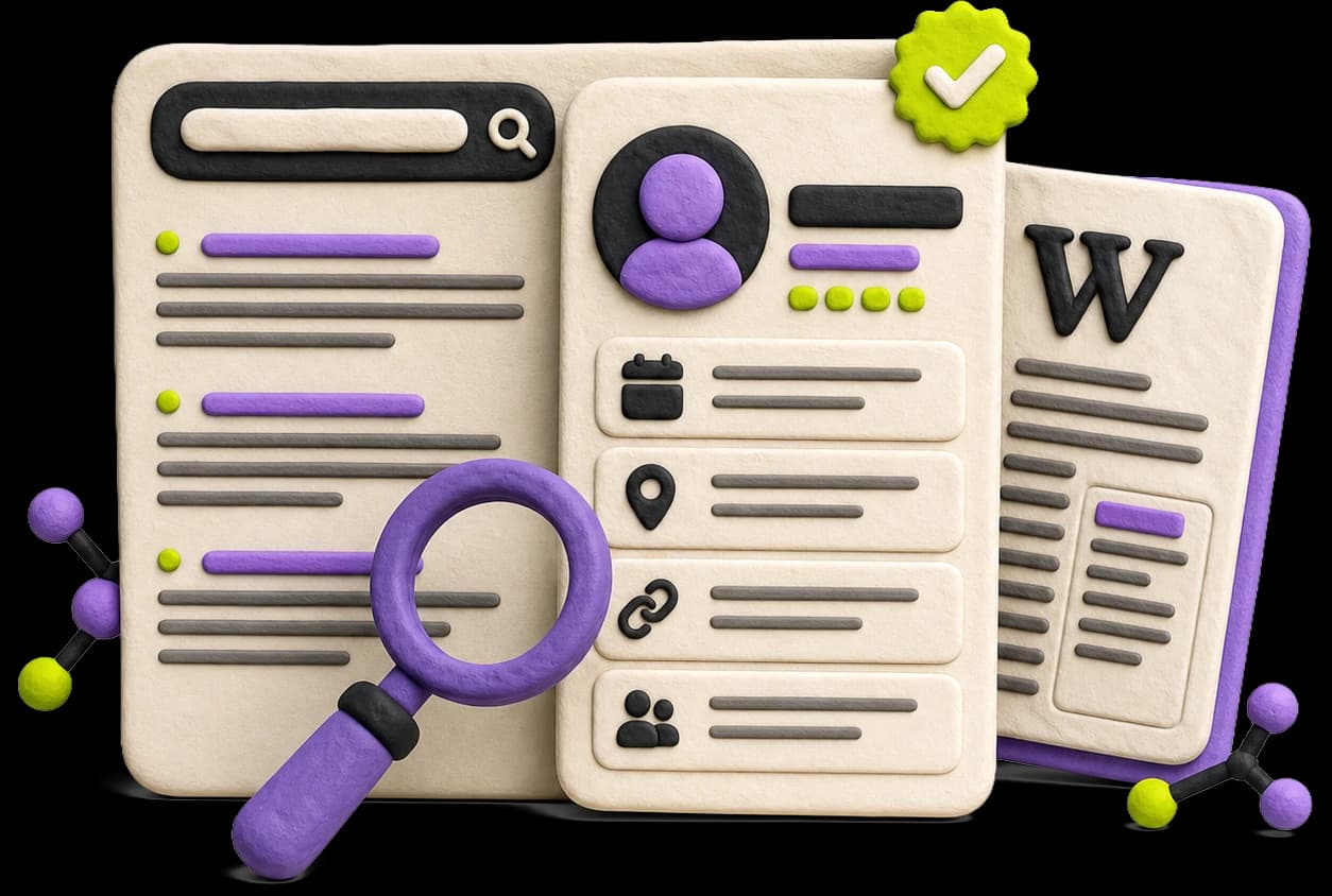 Clay scene: knowledge panel and Wikipedia interface mockups