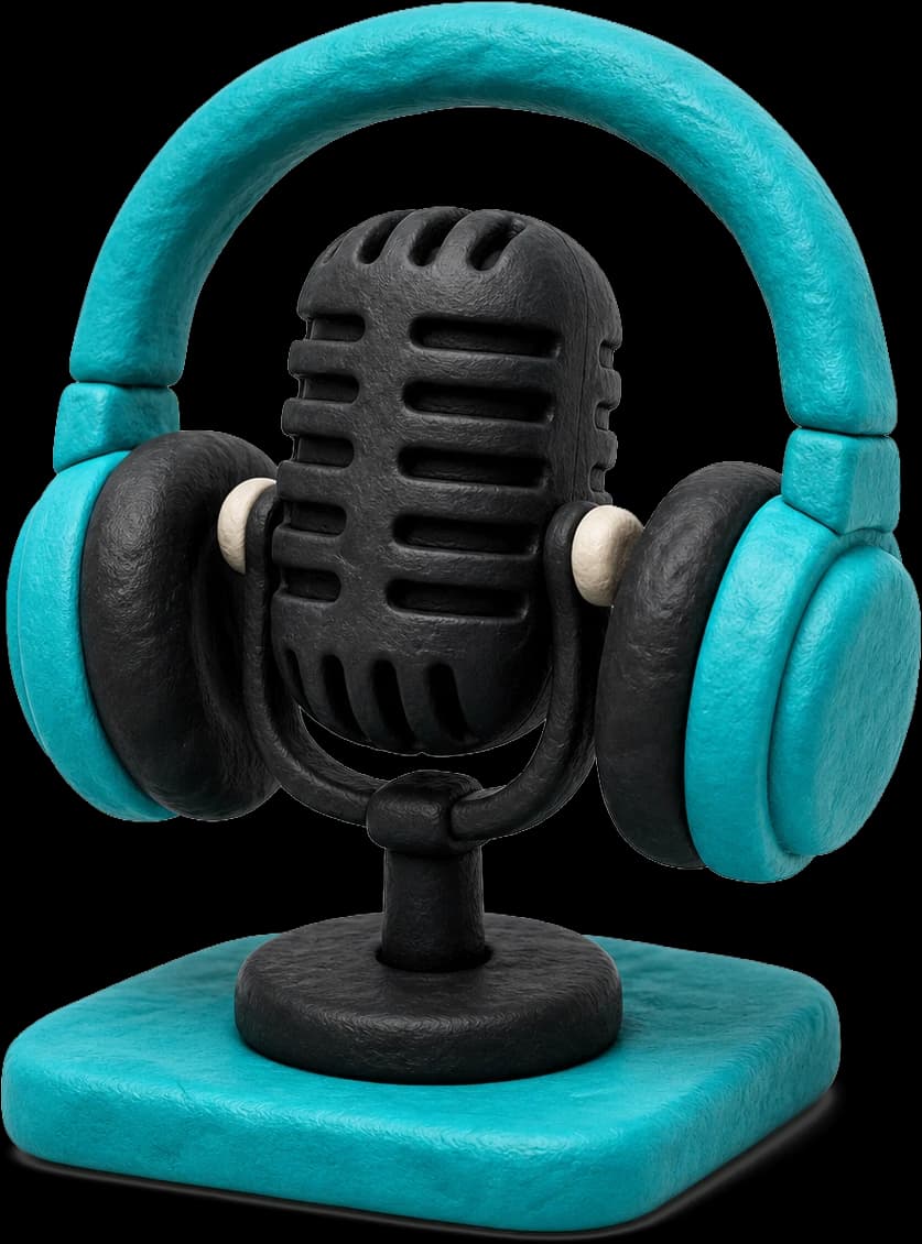 Clay scene: podcast microphone and headphones