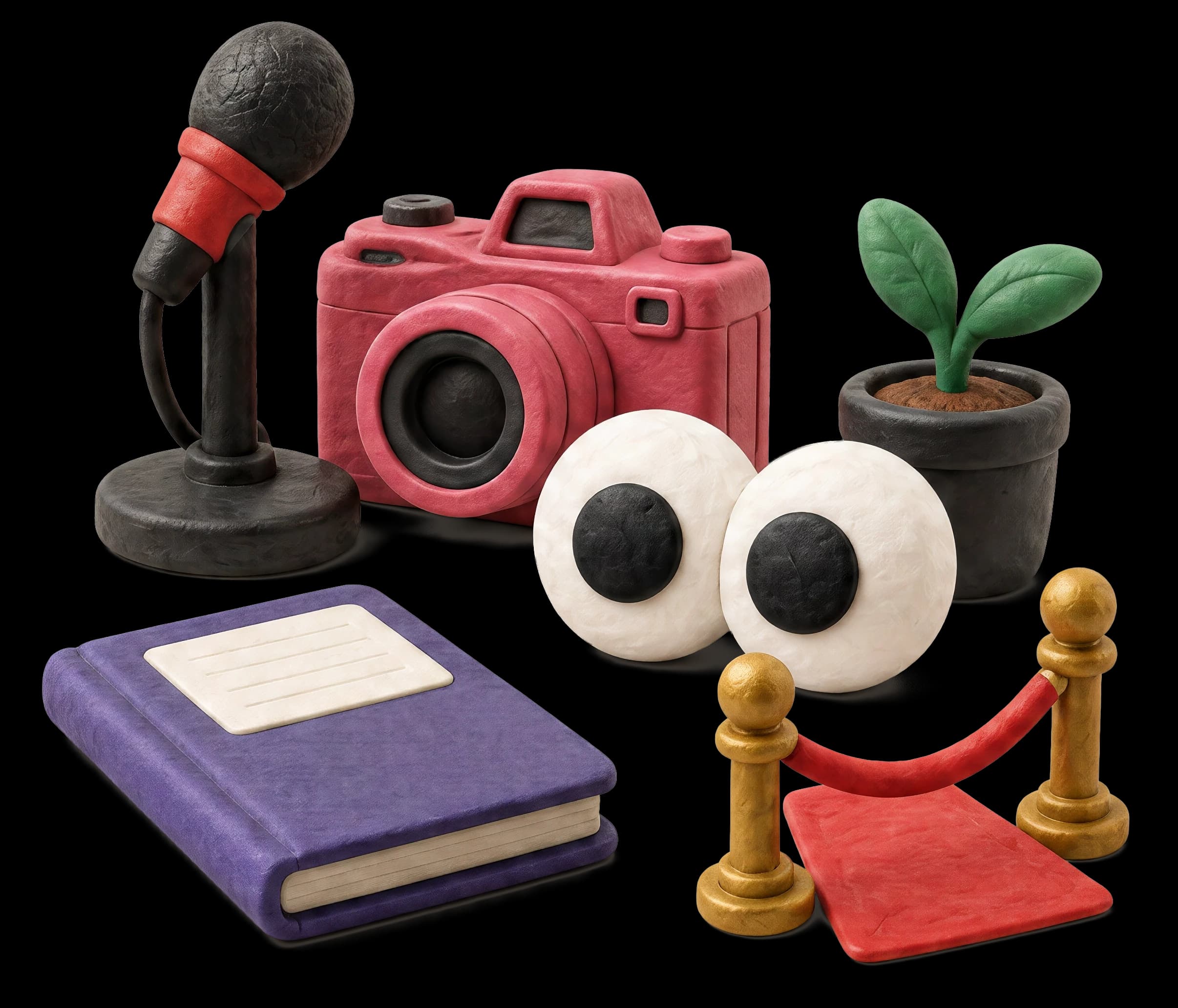 Clay scene of microphone, camera, eyes, plant, notebook and velvet rope — the public-facing assets we build